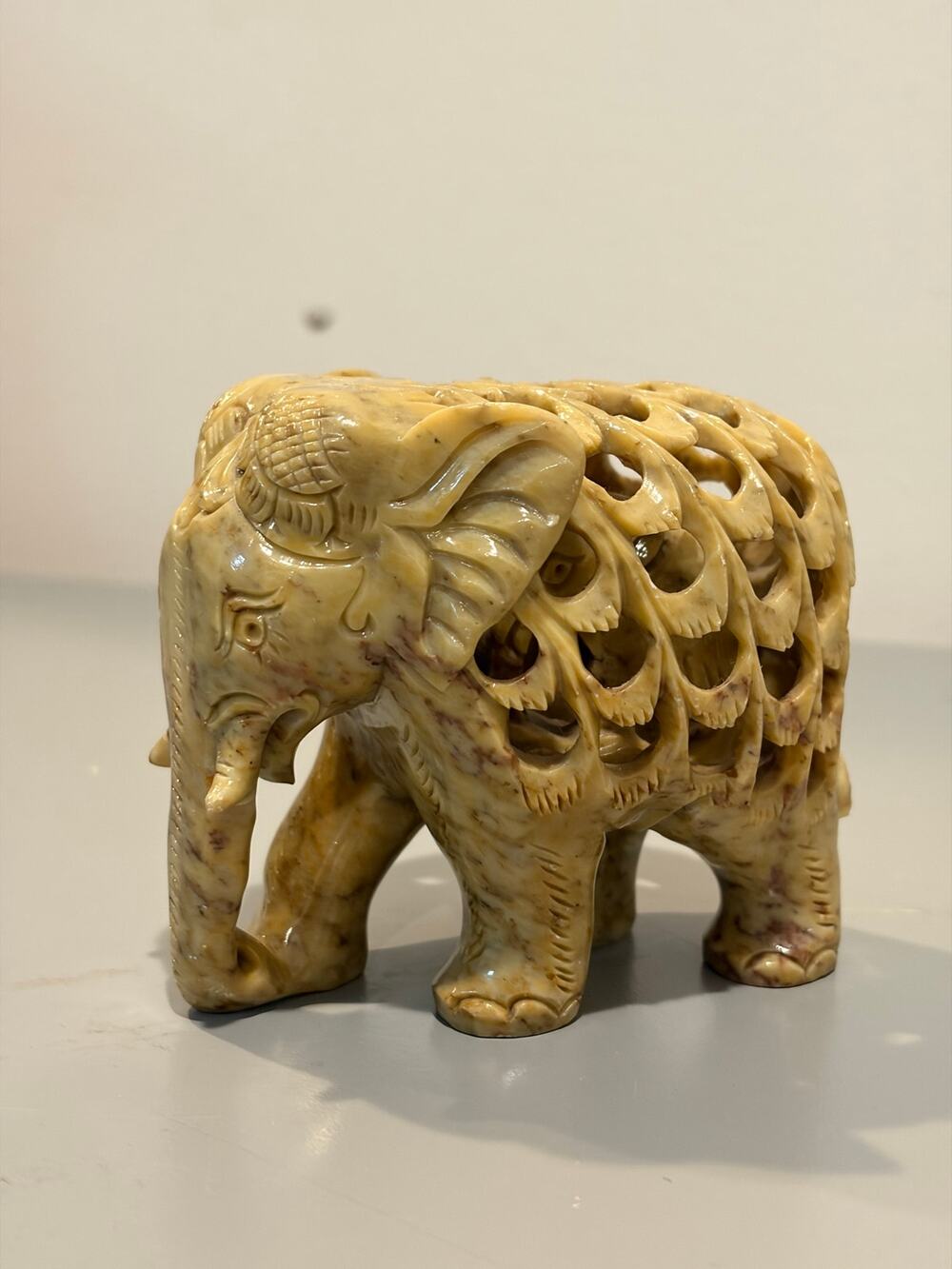 Carved Soapstone Elephant Figurine Statue Undercut Baby Inside 4" Natural Stone